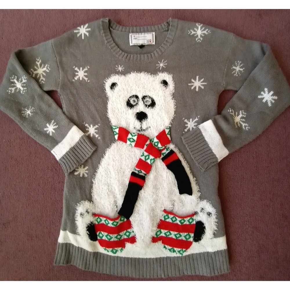 Panda Bear Christmas Sweater‎ Women's Large Gray Fuzzy Snowflake Pullover Knit